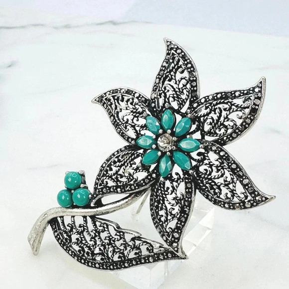 Big 3.25” Flower Brooch Pin Filigree Faux Turquoise Rhinestone Marcasite - Picture 3 of 8